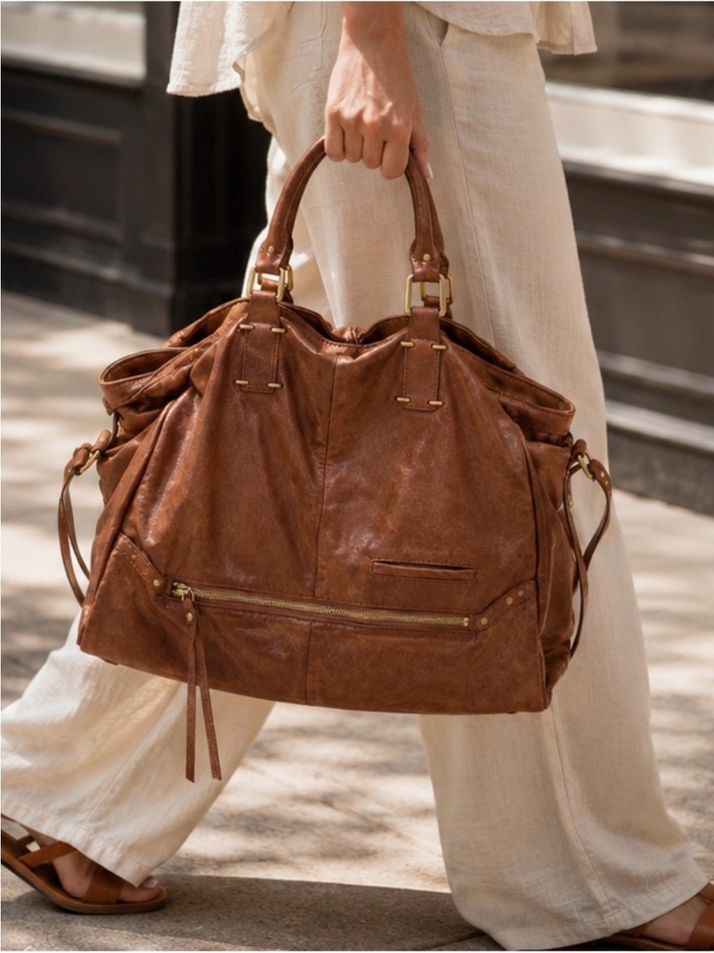Kooba Brown Cognac Leather Slouch Tote Shoulder Bag Large Hobo Distressed Boho